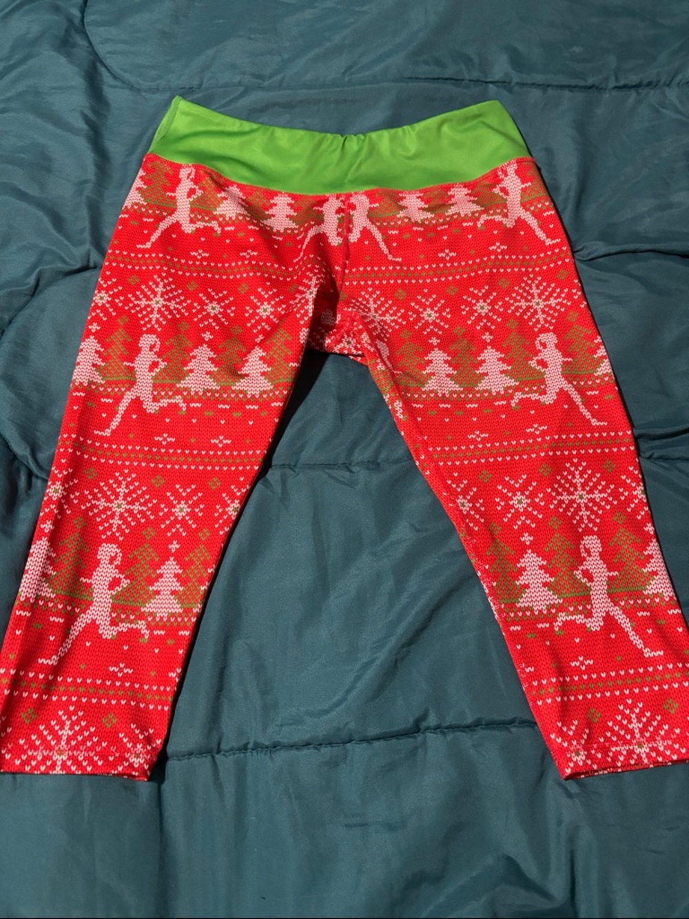 Gone For A Run - Women’s Red Holiday Print Leggings with Green Waistband - L